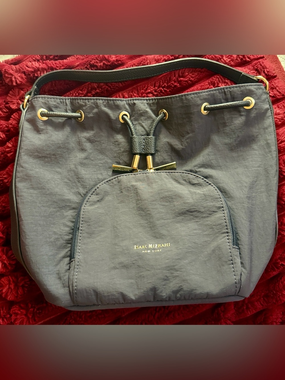 Isaac Mizrahi Slate Gray Drawstring Shoulder Hobo with Gold Hardware